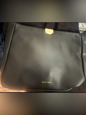 Bergdorf Goodman Black Leather Clutch with Gold Accent